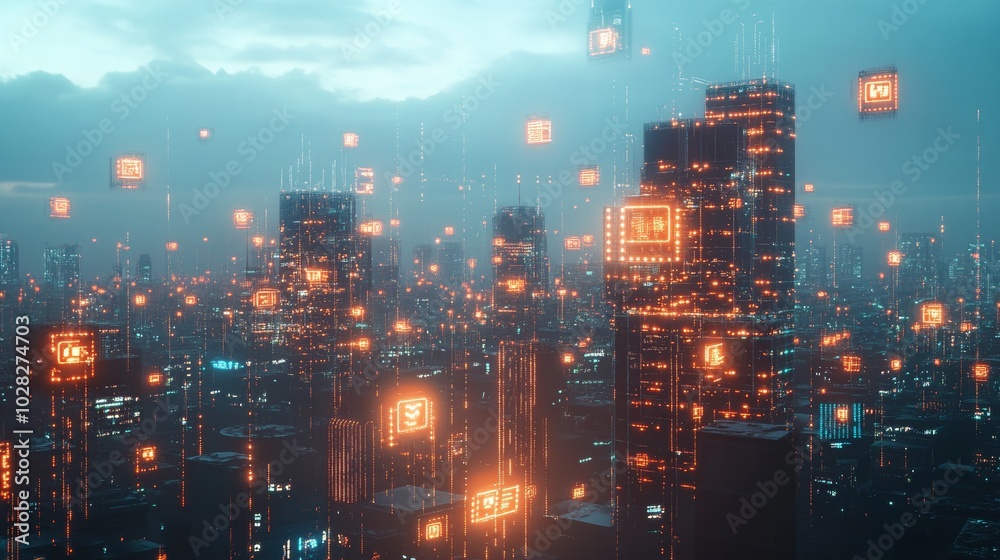 Fototapeta premium Futuristic Cityscape with Glowing Data Blocks in the Night