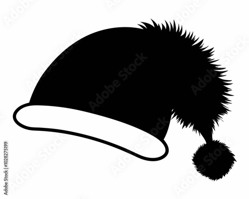 Classic Santa Hat Black Silhouette with Pom-Pom and Folded Brim.