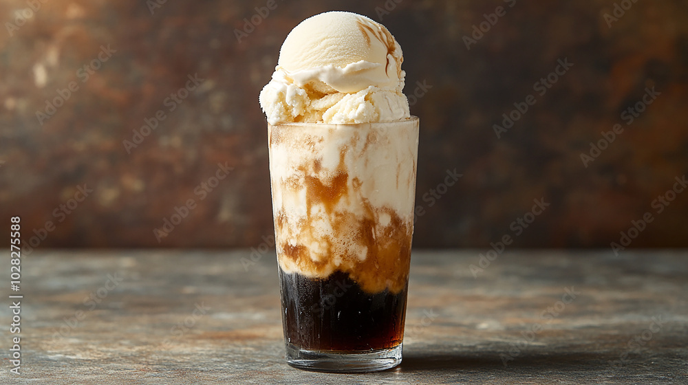 Creamy vanilla ice cream melting into a glass of fizz Creamy vanilla ice cream melting into a glass of fizz