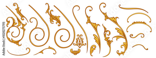 Set of golden decorative elements in Baroque style