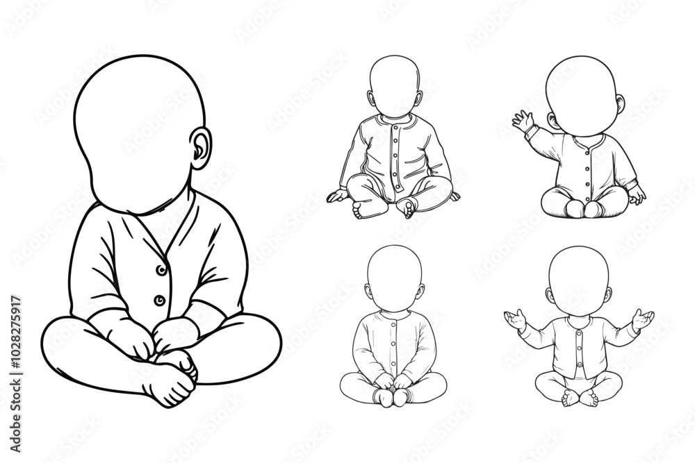 This hand-drawn illustration features a happy baby in playful poses This hand-drawn illustration features a happy baby in playful poses