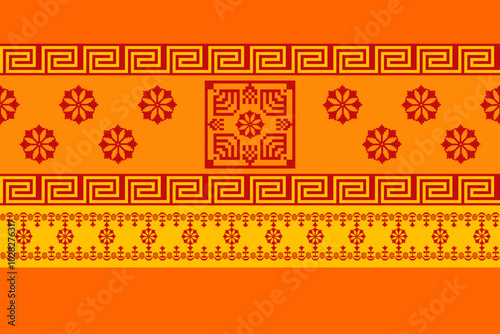 Geometric pixel pattern seamless vector pattern, Mexican blanket, rug, tile, illustration design on red and yellow background.