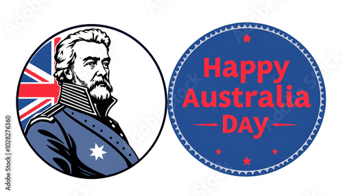 Happy Australia Day. Vector portrait of Royal Navy captain Arthur Fillip who founded the British colony that later became the city of Sydney. Design of round sticker, banner, stamp and festive badge photo