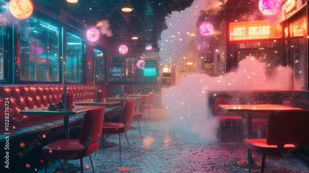 Obraz premium A Retro Diner in a Neon-lit City with Smoke and Snow