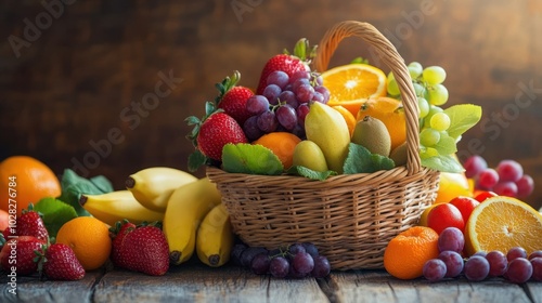 A vibrant basket overflowing with assorted fresh fruits on a rustic wooden surface.