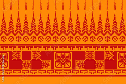 Geometric pixel pattern seamless vector pattern, Mexican blanket, rug, tile, illustration design on red and yellow background.