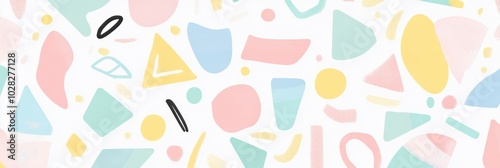 Pastel Geometric Harmony, a flat illustration featuring a vibrant pattern of abstract shapes in soothing pastel tones, ideal for modern design projects
