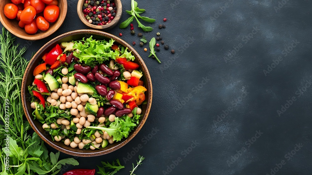 Top view of a colorful salad featuring kidney beans, white beans, bell peppers, avocado, and mixed greens, garnished with herbs and served in a bowl. Top view of a colorful salad featuring kidney beans, white beans, bell peppers, avocado, and mixed greens, garnished with herbs and served in a bowl.