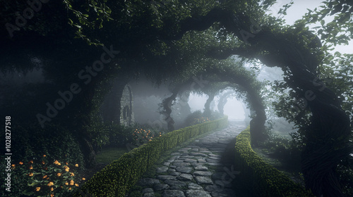 A darkened pathway through a fog-filled garden, with twisted vines reaching out like hands. photo