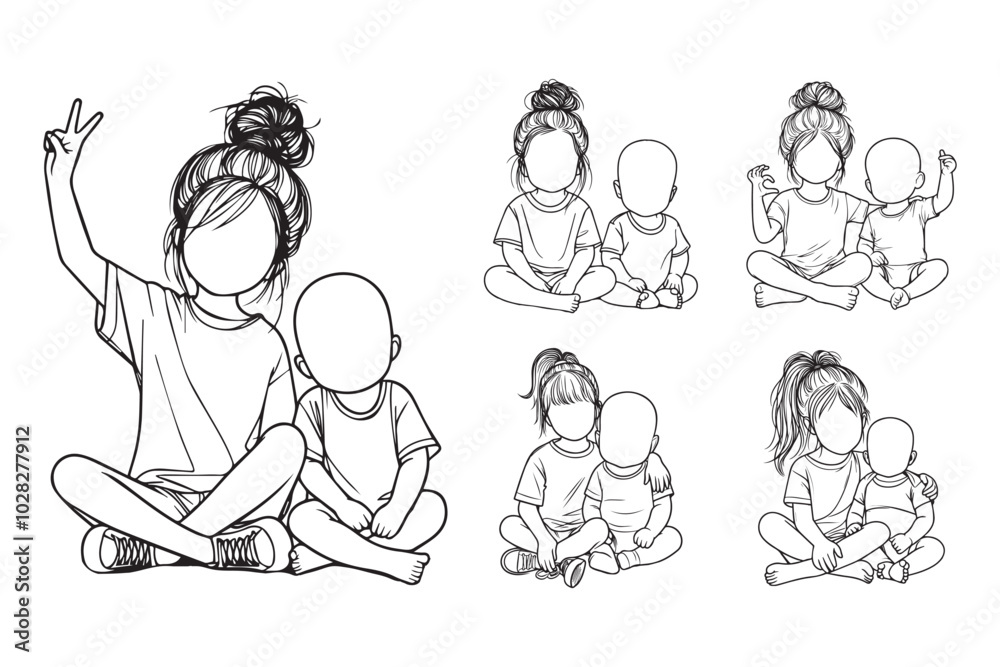 Cute line art captures the bond between a baby and their sister Cute line art captures the bond between a baby and their sister