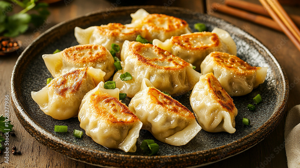 Crispy pan-fried dumplings with golden brown edges Crispy pan-fried dumplings with golden brown edges
