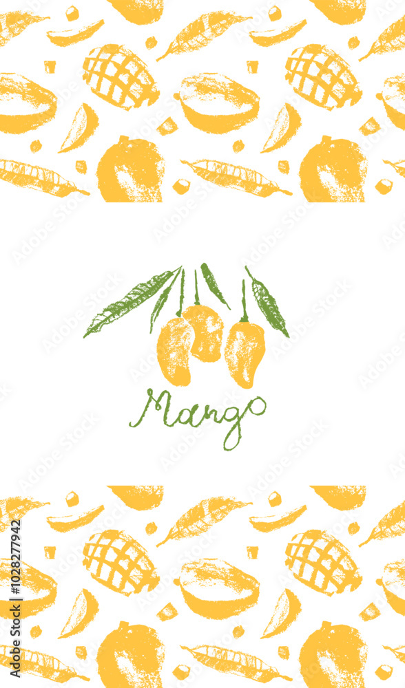 Template mango label design with vector tropical fruits pattern. Tropical fruit drawings. Color sketches of organic mangoes. Exotic fruit ornament. Mangos banner background.