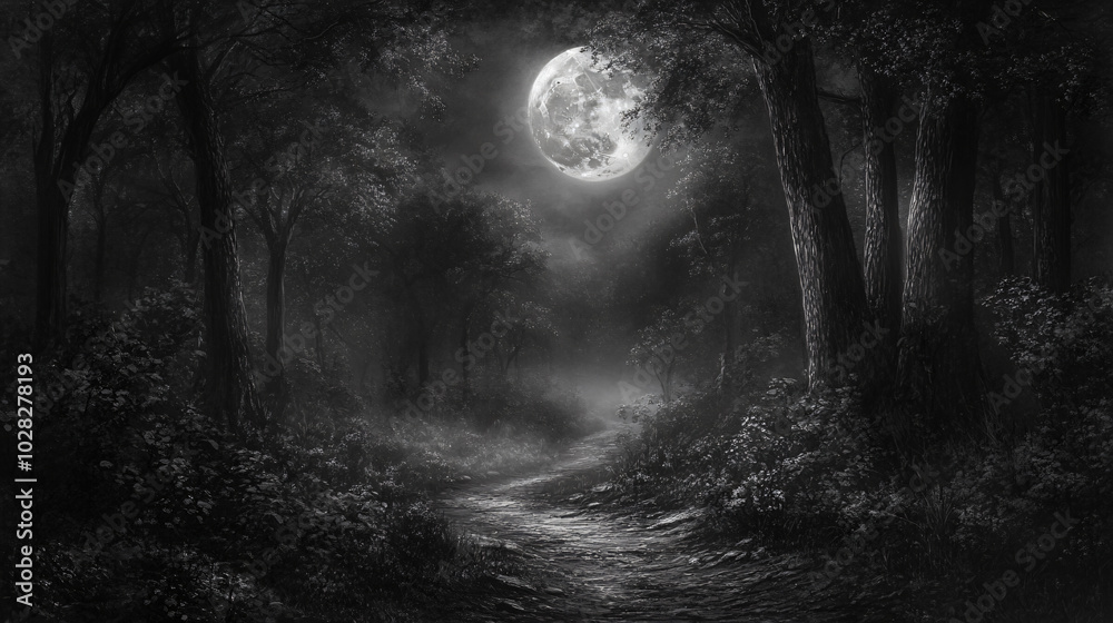 Fototapeta premium A dark path in the woods under a full moon, where every tree seems to whisper secrets.