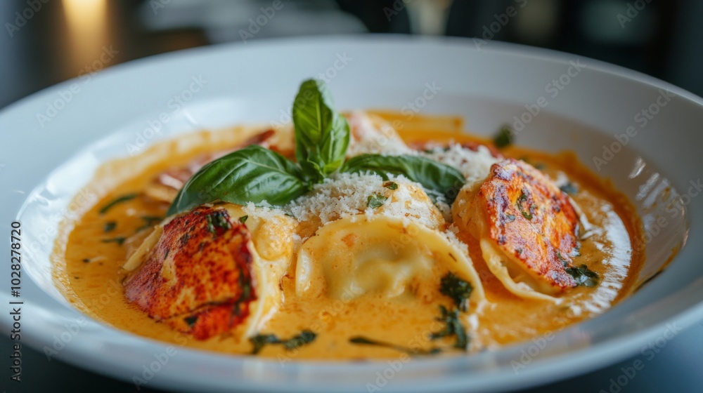 Close up of a plate of ravioli with a creamy sauce, topped with fresh basil and grated cheese. Close up of a plate of ravioli with a creamy sauce, topped with fresh basil and grated cheese.