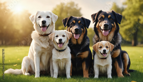 A group of diverse dogs of different breeds sits together in the park and looking at the camera. 