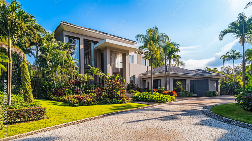 Luxury tropical resort hotel surrounded by lush trees and gardens in a sunny Florida landscape Luxury tropical resort hotel surrounded by lush trees and gardens in a sunny Florida landscape