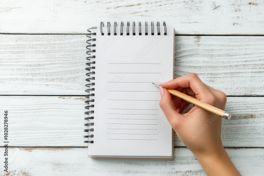 Wish List. Woman's Hand Writing in Notebook on White Wooden Table. Working Place and Planning Concept, Top View Wish List. Woman's Hand Writing in Notebook on White Wooden Table. Working Place and Planning Concept, Top View