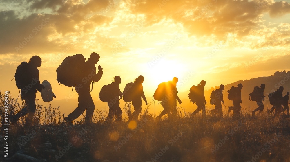Fototapeta premium Silhouettes of Hikers at Sunset