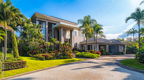 Luxury tropical resort hotel surrounded by lush trees and gardens in a sunny Florida landscape