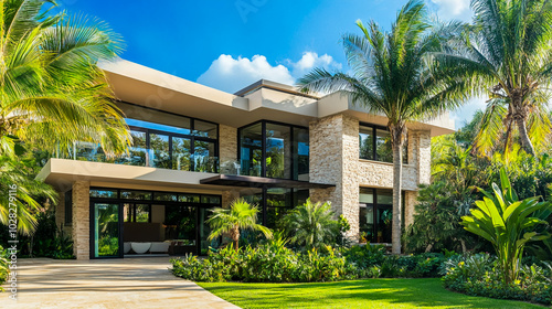 Luxury tropical resort hotel surrounded by lush trees and gardens in a sunny Florida landscape