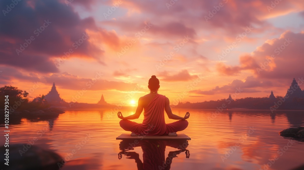 Yogi: Indian Spiritual Guru Practicing Yoga at Sunrise with Sky Background