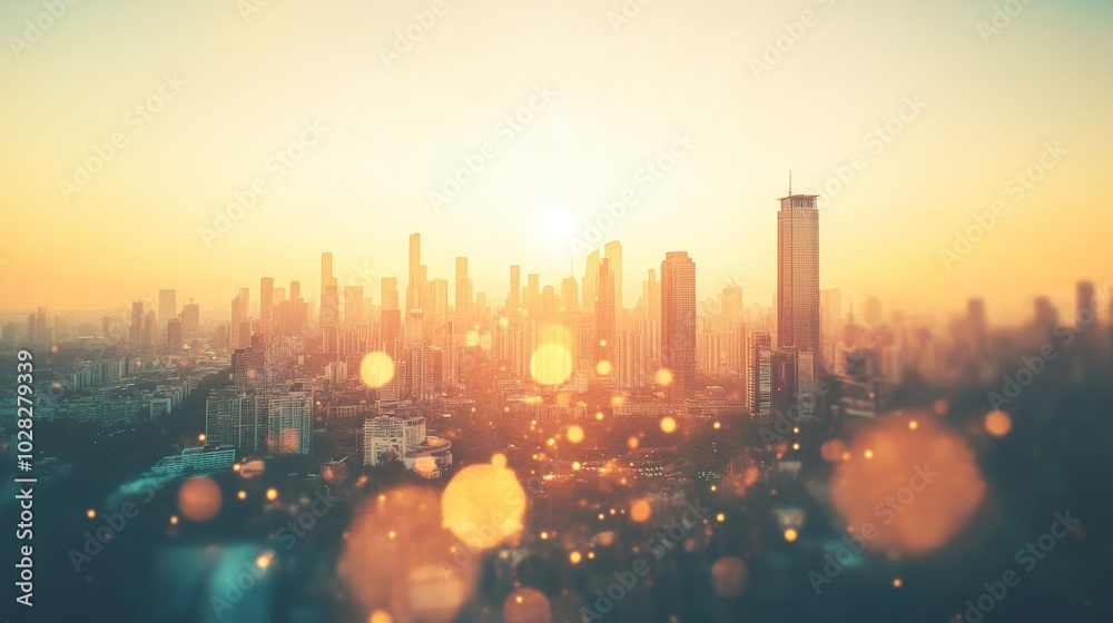 Cityscape with Golden Sunset and Blurry Lights