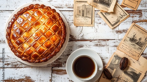 Traditional Hungarian Esterhazy cake with coffee cup and vintage postcards on a white wooden background Top view : Generative AI photo