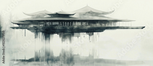 An inverted palace suspended in the air, minimalist. Ancient Chinese architecture with fluid and abstract ink strokes, ethereal and dreamy atmosphere of water ink. Traditional Chinese ink painting.