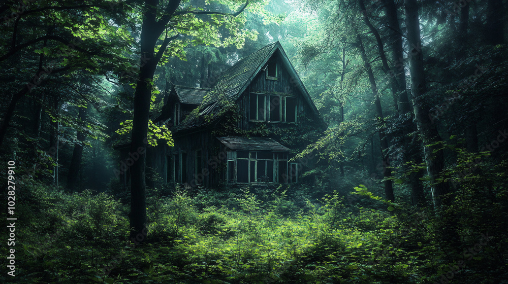 A dark forest with an old, abandoned house hidden among the trees. A dark forest with an old, abandoned house hidden among the trees.