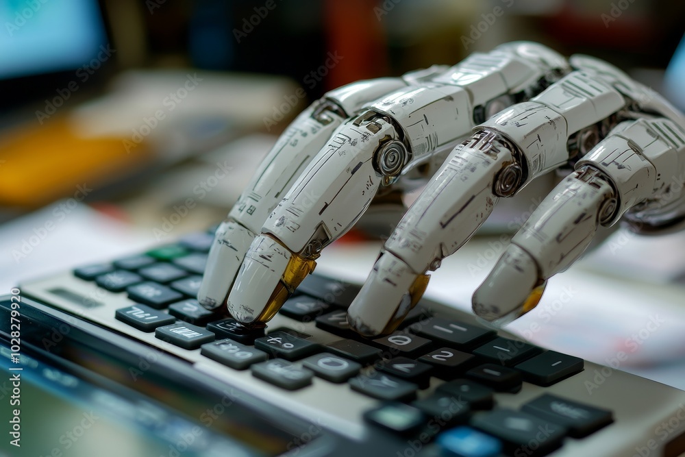 Robotic Hand Using Calculator In Office, Generative AI