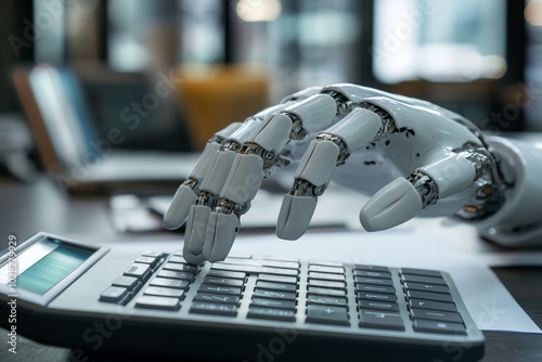 Obraz na płótnie Robotic Hand Using Calculator In Office, Generative AI w salonie