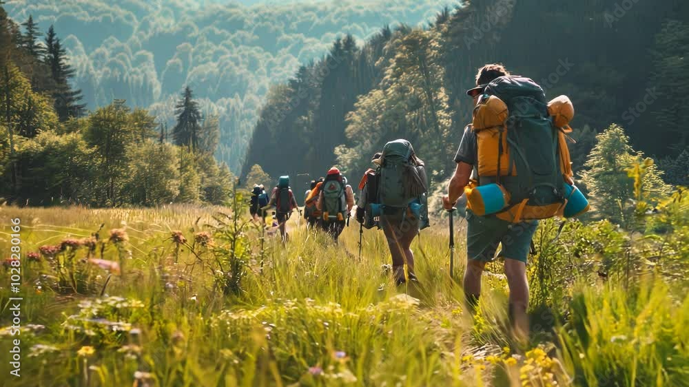 A group of hikers walking with backpacks A group of hikers walking with backpacks
