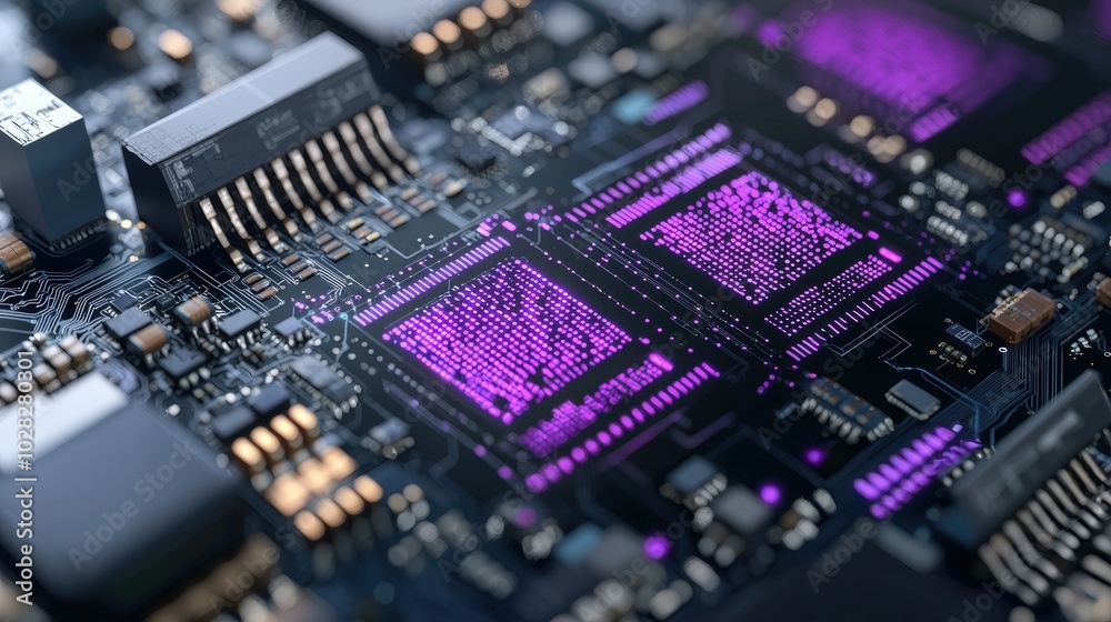 Futuristic Circuit Board with Neon Lights and Data Stream