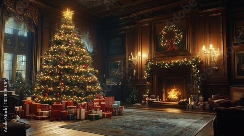 A beautifully decorated room with a glowing Christmas tree and presents under it, ready for joyful celebrations.