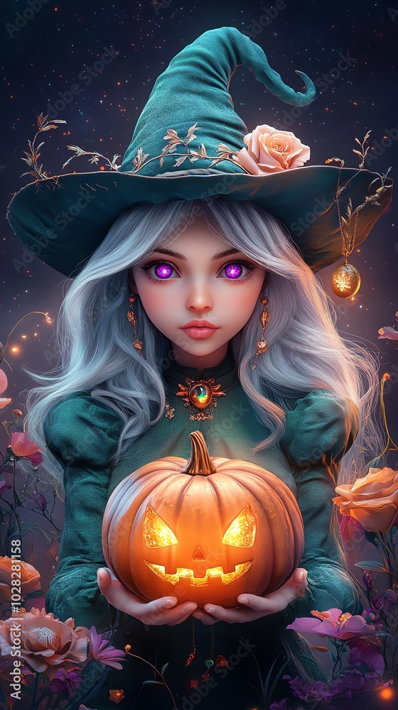 Enchanting witch with pumpkin, festive vibes Enchanting witch with pumpkin, festive vibes