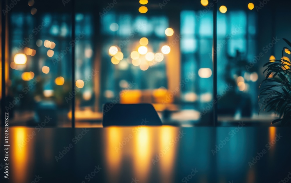 Fototapeta premium A sleek office interior at night, softly blurred to create a dreamy and abstract working atmosphere, emphasizing a modern and calm ambiance 