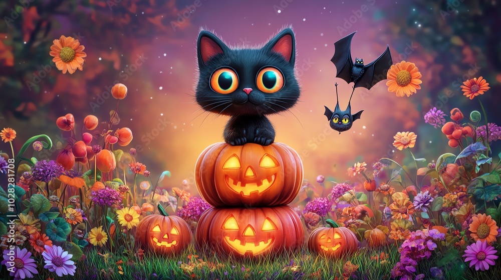 Cute black cat with pumpkins and flowers Cute black cat with pumpkins and flowers