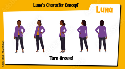 An african female teacher cartoon character turnaround modelsheet AKA Luna. African teacher cartoon character.
