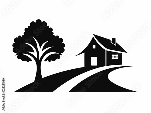 House Silhouette with Trees  Black and White Illustration.