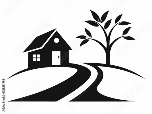 House Silhouette with Trees  Black and White Illustration.