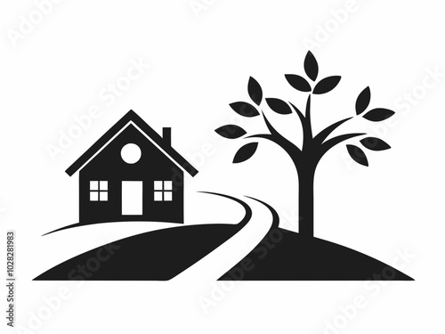 House Silhouette with Trees  Black and White Illustration.