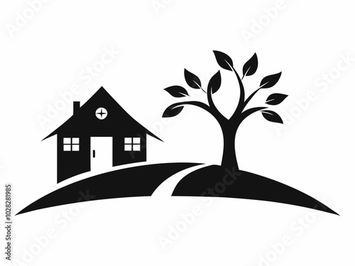 House Silhouette with Trees  Black and White Illustration.