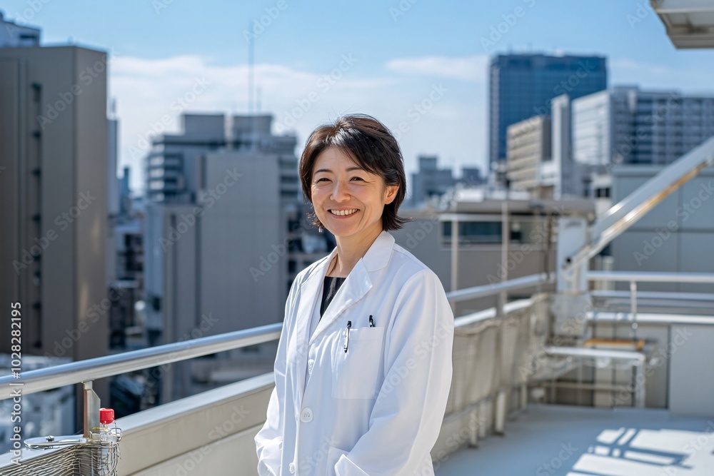 A smiling medical professional in a white coat stands on a rooftop with a city skyline in the background, embodying a sense of confidence and expertise. A smiling medical professional in a white coat stands on a rooftop with a city skyline in the background, embodying a sense of confidence and expertise.