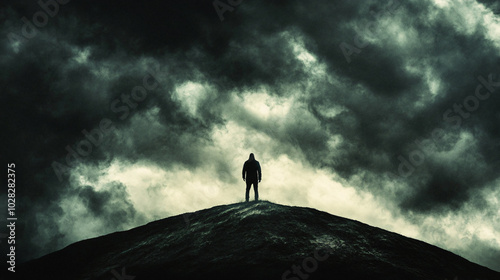 A dark figure stands on a hill, silhouetted against the stormy sky.