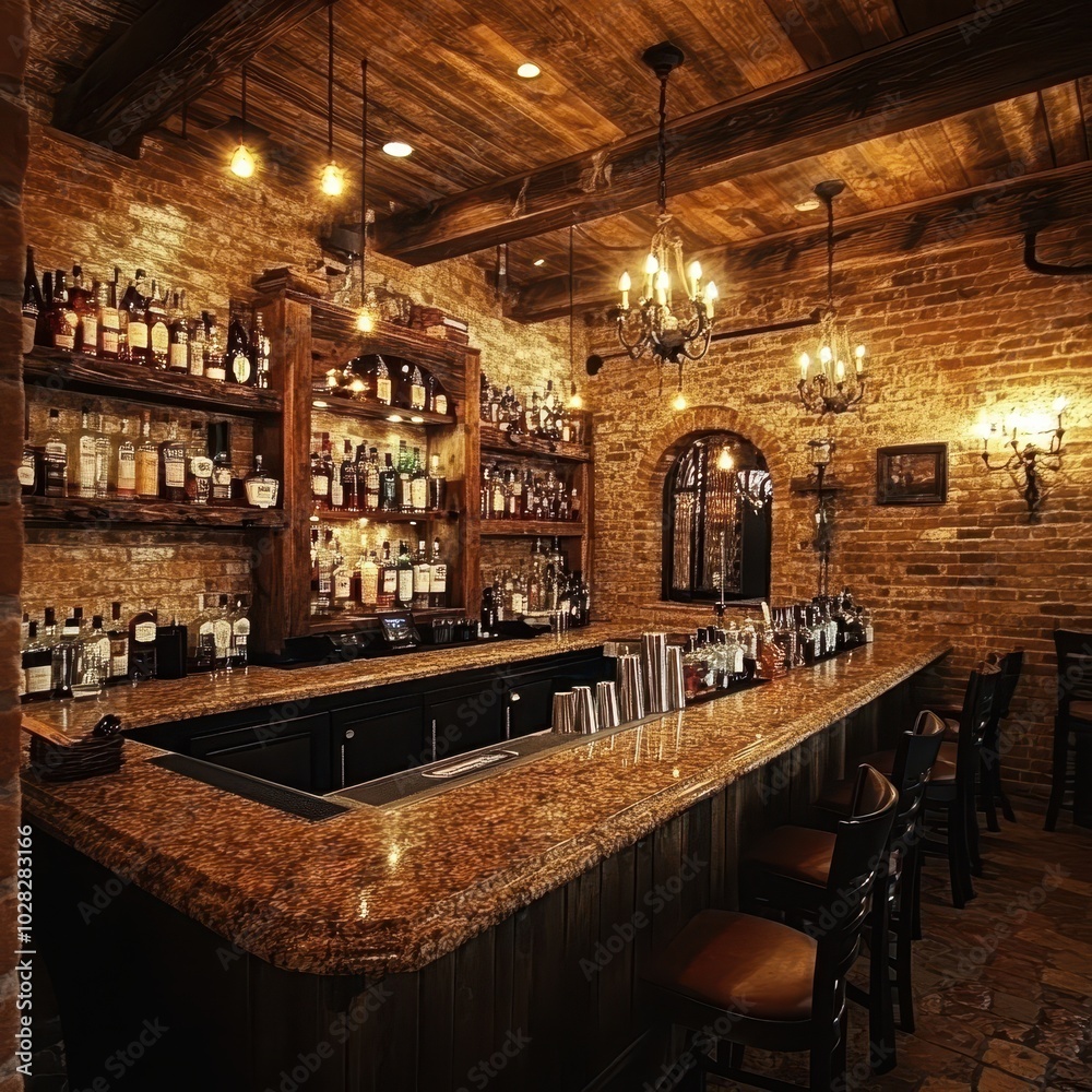 Rustic bar, stacked liquor shelves, warm ceiling lights, brick wall ambiance --v 6.1 Job ID: 8115e3e0-4a5a-41bb-a9c8-53fbacdbc1c5 Rustic bar, stacked liquor shelves, warm ceiling lights, brick wall ambiance --v 6.1 Job ID: 8115e3e0-4a5a-41bb-a9c8-53fbacdbc1c5