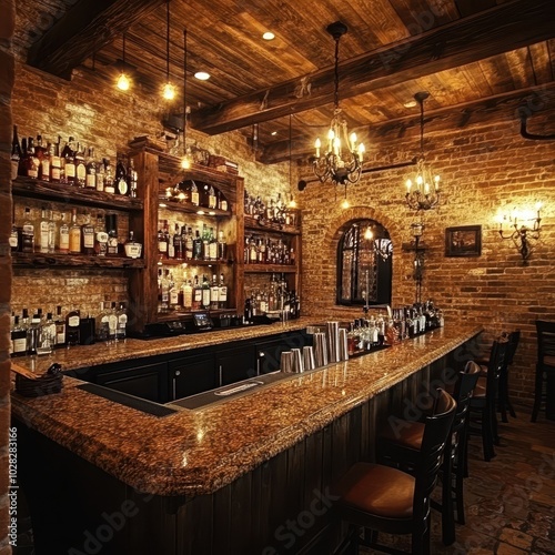 Rustic bar, stacked liquor shelves, warm ceiling lights, brick wall ambiance --v 6.1 Job ID: 8115e3e0-4a5a-41bb-a9c8-53fbacdbc1c5