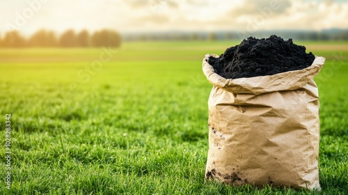 Large heavy paper bag filled with biochar on a grassy field, representing eco-friendly packaging and sustainable agriculture photo