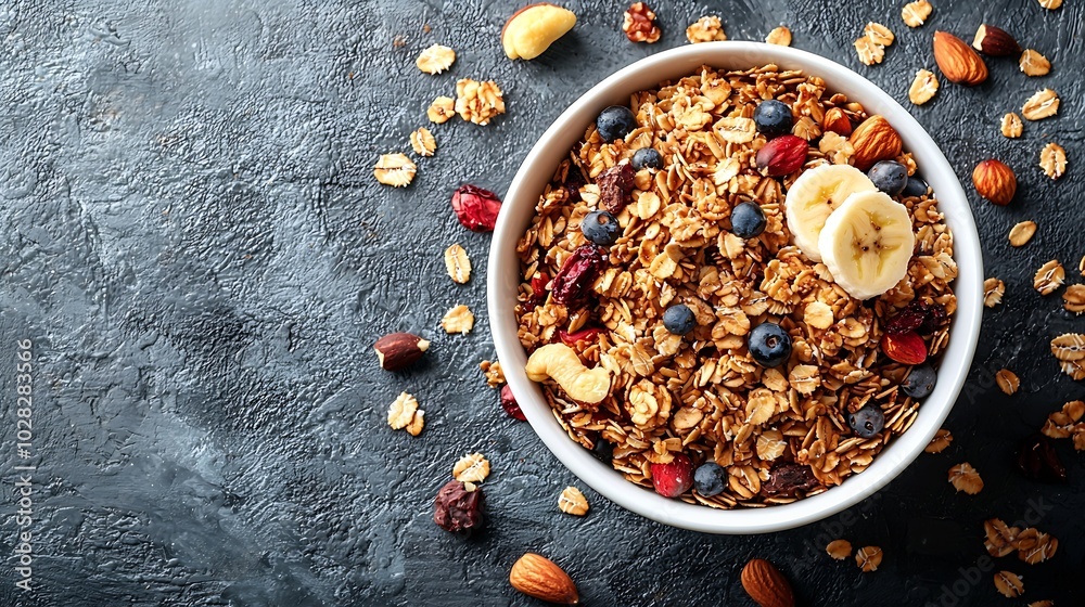 Fototapeta premium Healthy breakfast Fresh granola muesli with coconut banana and nuts in a white bowl on grey textile background Copy space Top view : Generative AI