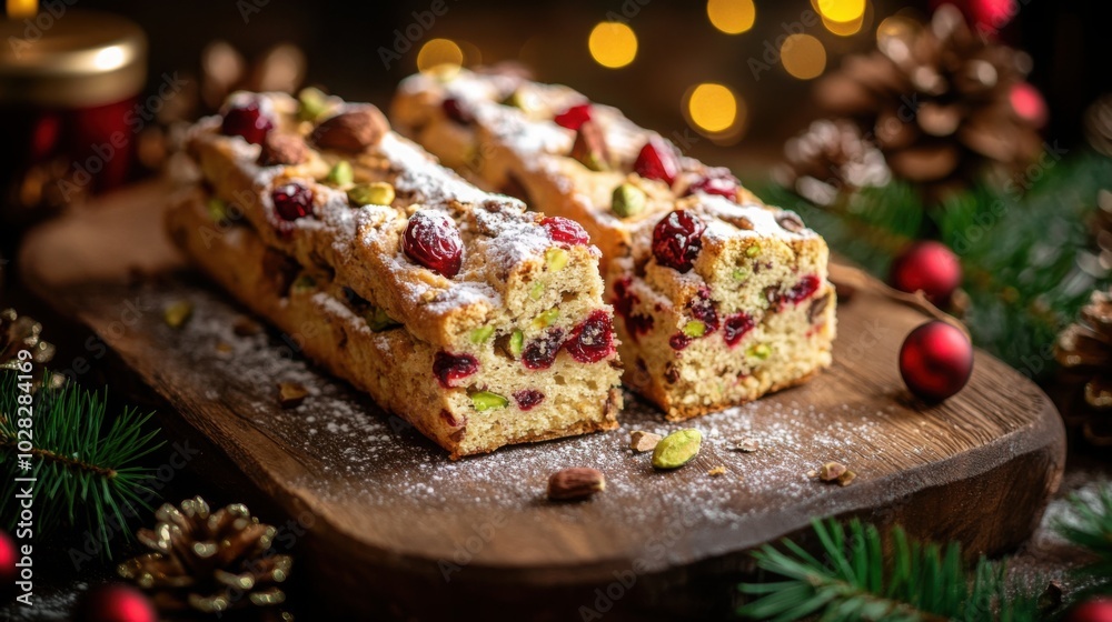 Front view of Italian biscotti with cranberries and pistachios, perfect for dunking in coffee. Front view of Italian biscotti with cranberries and pistachios, perfect for dunking in coffee.