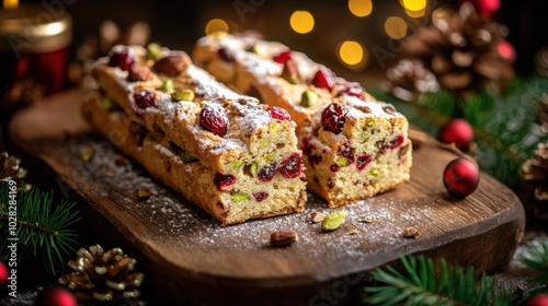 Front view of Italian biscotti with cranberries and pistachios, perfect for dunking in coffee.